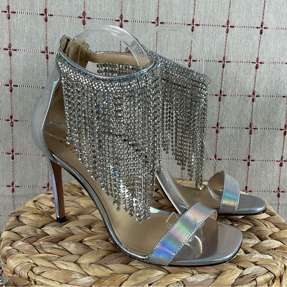 SCHUTZ “Lory” Iridescent Silver Leather Crystal Fringe Ankle Strappy Heels 6.5 - Picture 2 of 12